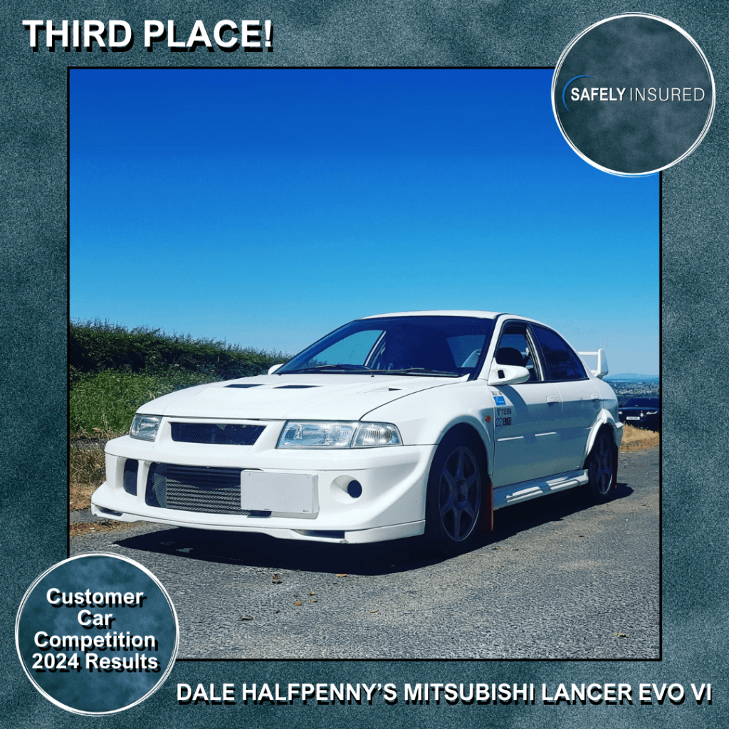 This is an image of Dale HAlfpenny's Mistsishi Lancer Evolution VI, the third place winner of the Safely Insured Customer Modified Car of the Year Competition 2024