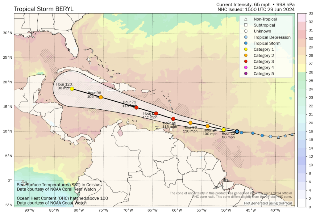 Stomr Beryl hurricane tracking map and path