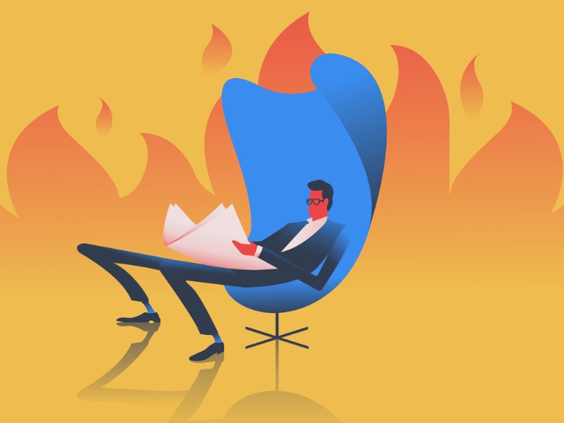 Illustration of man in armchair reading newspaper and not noticing fire behind the back.