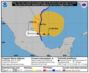 Tropical storm Alberto tracking map, forecast path