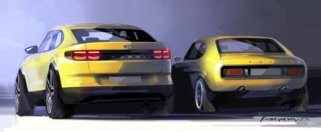 Design sketch of a Ford Capri EV and original Capri