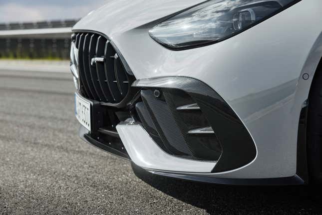 Front corner detail of a grey 2025 Mercedes-AMG GT63 Pro