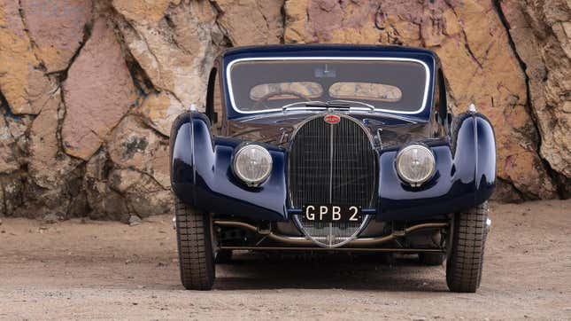 Front end of a dark blue 1937 Bugatti Type 57SC Atalante