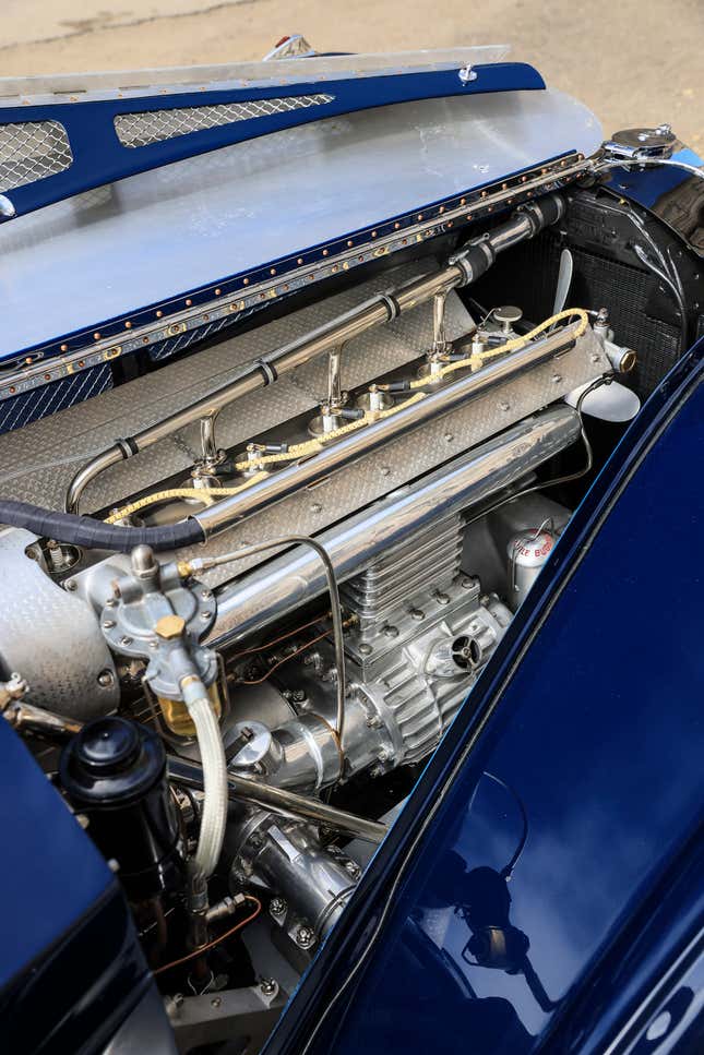 Engine bay of a dark blue 1937 Bugatti Type 57SC Atalante