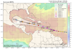 Hurricane Beryl tracking map and path