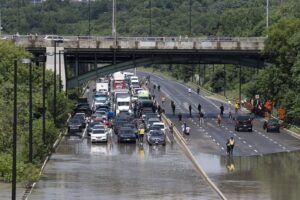 Flooding on the Don Valley Parkway following heavy rain in Toronto on July 16, 2024.