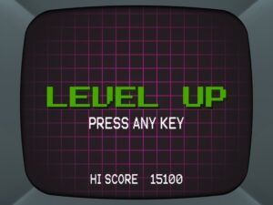 Illustration of arcade screen machine, which reads "Level up: Press any Key, High score 15100"