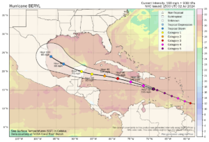 Hurricane Beryl tracking map and path