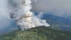 The Shetland Creek wildfire burns out of control near Spences Bridge, B.C., in this July 15, 2024 handout photo. The Thompson-Nicola Regional District has issued an evacuation order for 76 properties in the Venables Valley area north of Spences Bridge, B.C., due to the out-of-control Shetland Creek wildfire. THE CANADIAN PRESS/HO — BC Wildfire Services