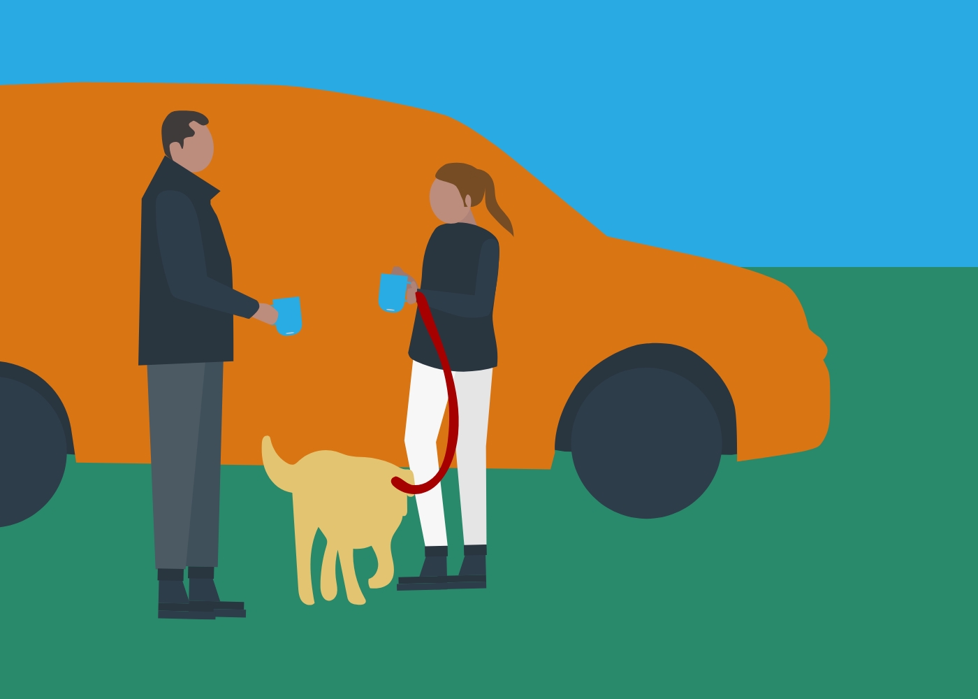 Illustration of two people outside with a dog. The people are enjoying a cup of tea