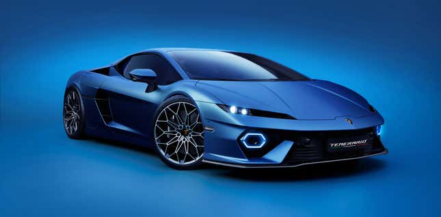 Front 3/4 view of a blue Lamborghini Temerario