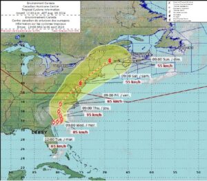 Map showing Hurricane Debby's track towards Canada