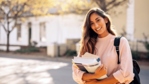 A woman holding books and smiling for the camera.