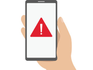 Smartphone with caution symbol on screen.