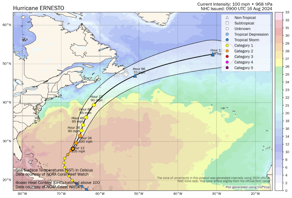 Hurricane Ernesto 2024 forecast path, strength, map