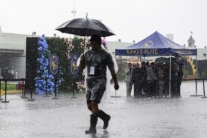 A heavy downpour of rain at the Woodbine Racetrack in Toronto.