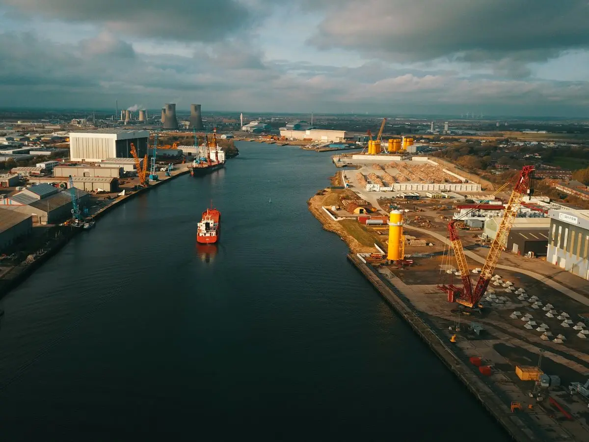 Iconic River Tees showing area around the transporter bridge and Teesside industry