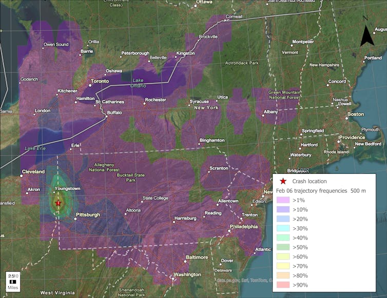 A map of several states shows the wreck site on the Ohio-Pennsylvania line, with the highest likelihood of chemical concentrations there, but chemicals likely still wafting over Pennsylvania, New York and other states.