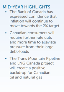 MID-YEAR HIGHLIGHTS • The Bank of Canada has expressed confidence that inflation will continue to move towards the 2% target • Canadian consumers will require further rate cuts and more time to alleviate pressure from their large debt-loads • The Trans Mountain Pipeline and LNG Canada project will create a positive backdrop for Canadian oil and natural gas