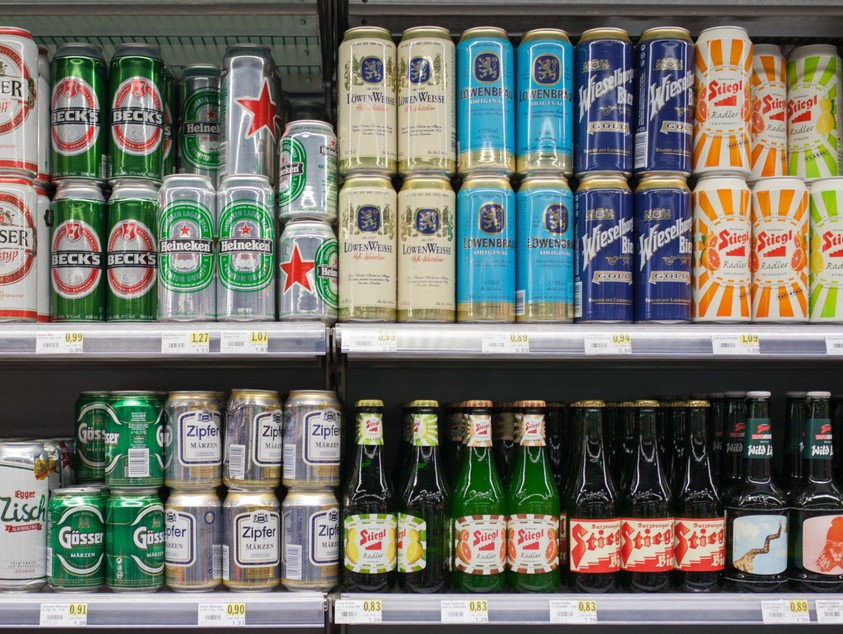 Beer on a convenience store shelf