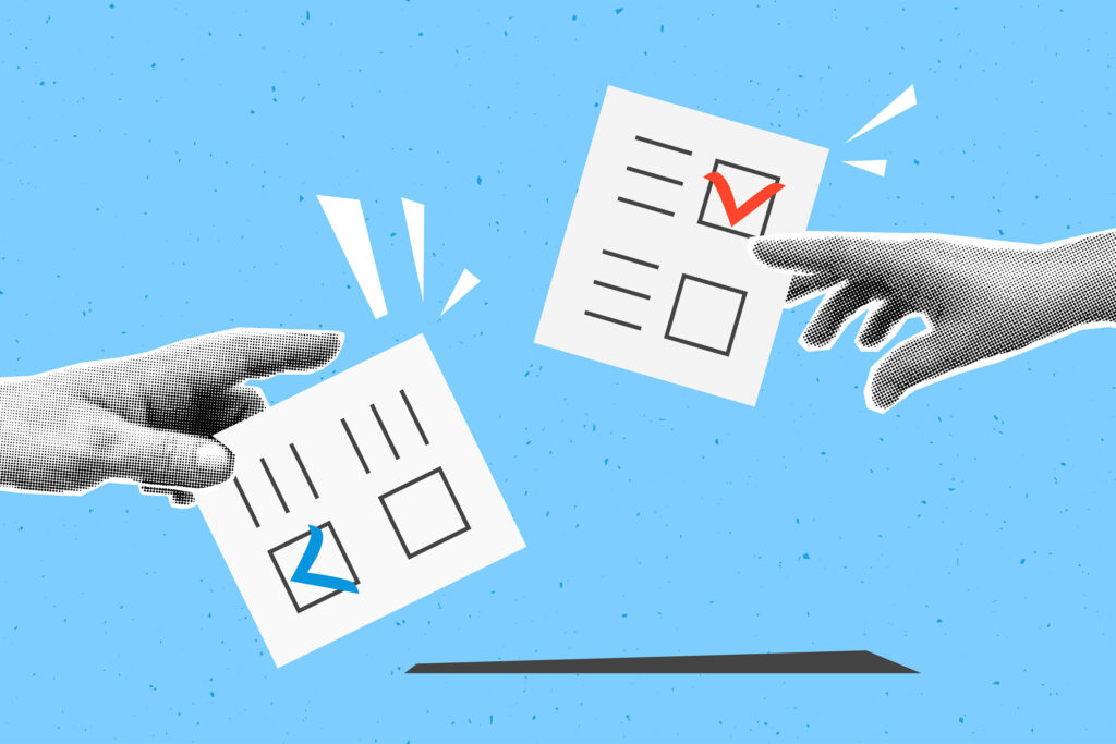 A photo illustration of two hands holding ballots on opposite sides of the frame. The ballots are voting in opposition of each other.