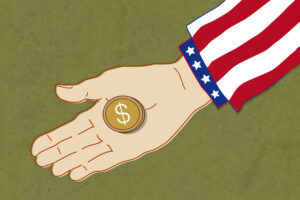 A digital illustration of an outstretched hand holding a gold coin with a dollar sign on it. The sleeve around the person's wrist had white stars on a blue background and red and white stripes.