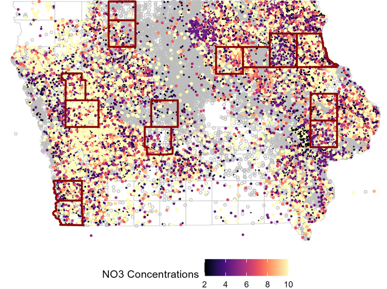 Map of Iowa with dots showing state findings for nitrate levels in private wells.